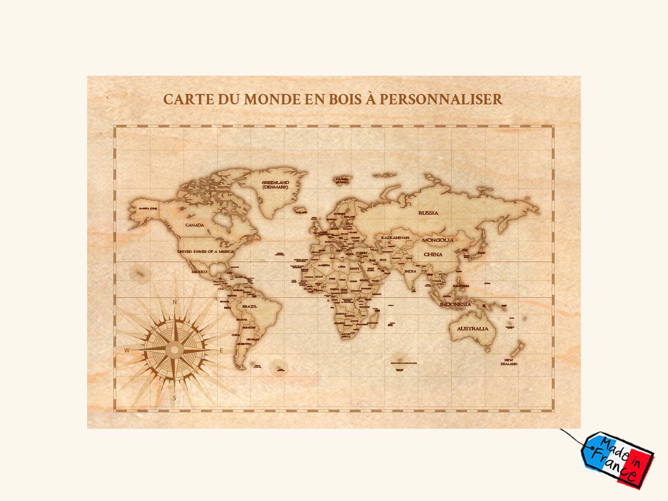 carte du monde en bois format A4