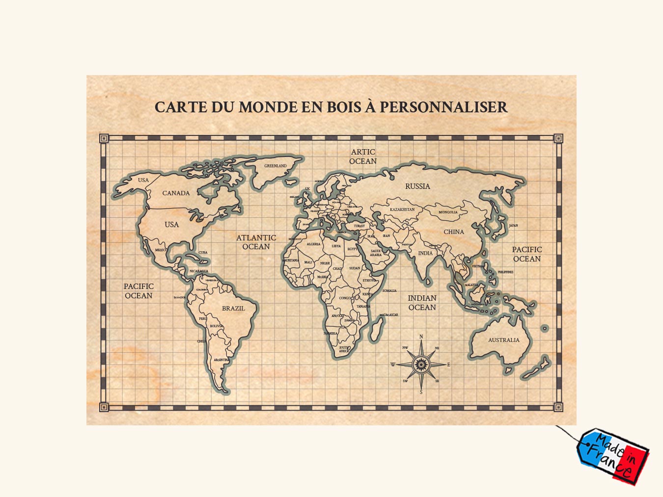 carte du monde en bois format A4